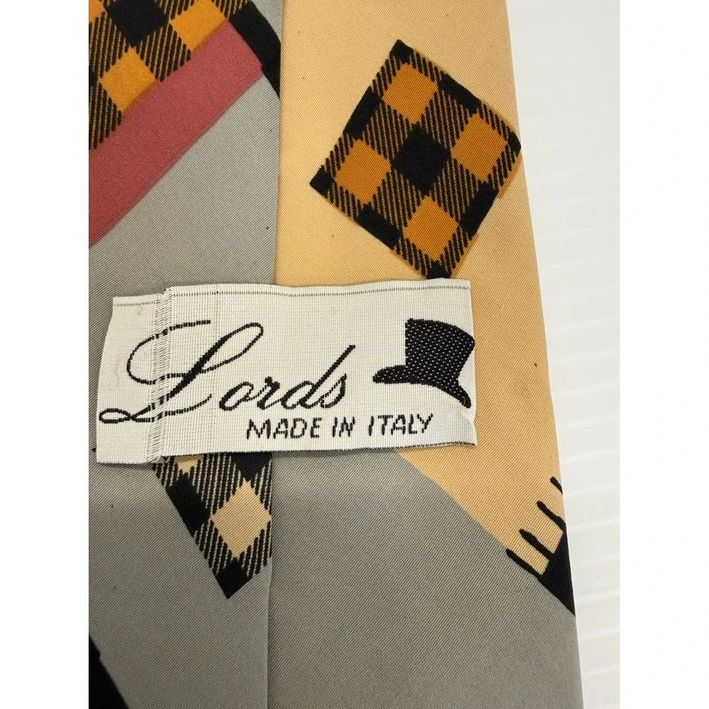 Lords Made in Italy Mens Geometric Patchwork Plaid Silk Tie Burgundy Tan Black